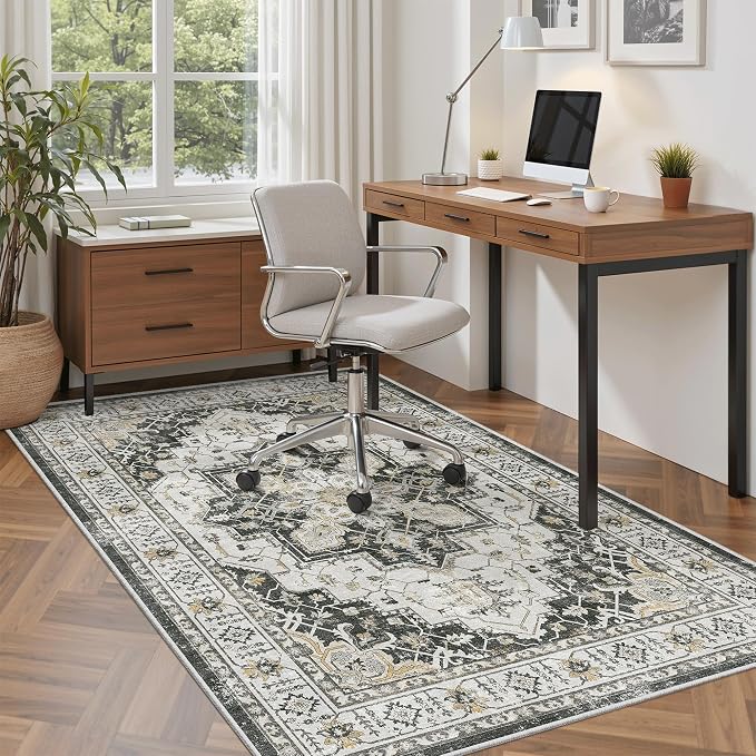 Madane Area Rug 4x6 Washable Rugs Vintage for Living Room, Black | Ultra-Thin Stain Resistant Vintage Large 4'X6' Carpet, Soft Low Pile Floor Mat For Bedroom Dining Room Office Home Decor