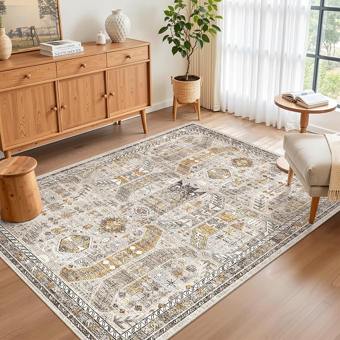 Madane Area Rug 3x5, Washable Vintage Entry Rugs for Bedroom, Brown/Gold | Vintage Entryway Bedroom Non Slip Door Mat Indoor Entrance, Kitchen Runner Living Room Laundry Playroom Soft Floor Carpets