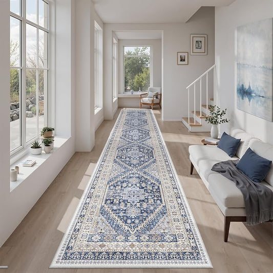 zesthome Long Hallway Runner Rug- Carpet Runners for Hallway 12ft, Anti Slip Backing Washable Rug Runner for Bathroom, Entrance, Living Room, Soft Low Pile Rug Runner(Blue/Beige,2'x12')