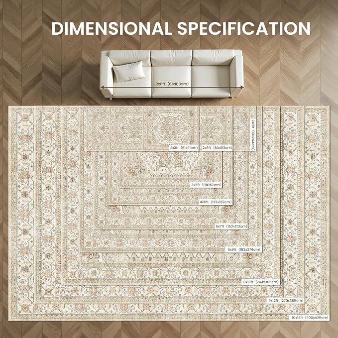 befbee Washable Rugs 10x14 Area Rugs for Living Room,Rugs for Bedroom,Ultra Soft Living Room Bedroom Large Carpe,Low Pile Vintage Print Rug for Home Office Decor (10'x 14',Gold)