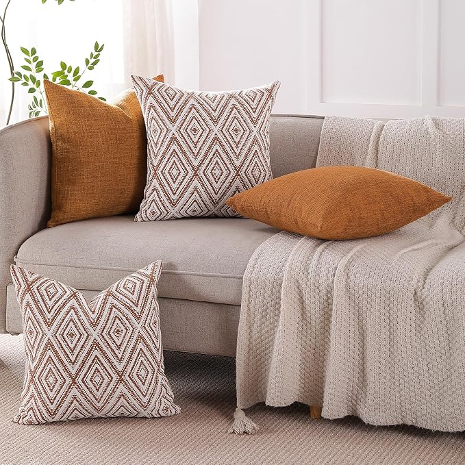 HPUK Throw Pillow Covers 18x18 Inch Set of 4, Linen Decorative Pillow Covers, Accent Cushion Covers for Couch Sofa Bed Bedroom Living Room Décor, Golden Brown