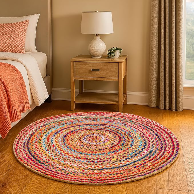 Hausattire Bohemian Braided Rug 4' Round - Multi Color, Circle Farmhouse Jute Cotton Area Rag Rug for Kitchen, Kids Bedroom, Playroom | Colorful Hand Woven Reversible Pet Friendly Carpet