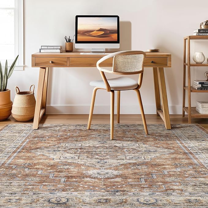 6x8 Area Rug Living Room: Washable Boho Large Neutral Vintage Soft Rug Stain Resistant Farmhouse Non-Slip Indoor Floor Carpet for Bedroom Nursery Kids Playroom Office Dining Room- Terracotta
