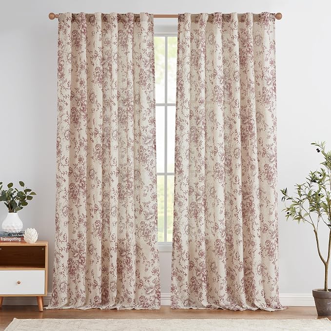 jinchan Linen Blend Curtain Floral Curtains for Living Room 108 Inch Length Farmhouse Brick Red Printed Curtain Rod Pocket Back Tab Peony Flower Patterned Drapes Curtains Set 2 Panels