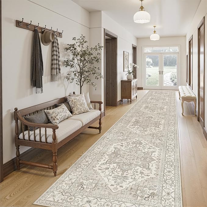 Madane Hallway Runner Rug 2'6''x14' Kitchen Runners Vintage, Beige/Brown | Long Non-Slip Washable Rugs 14ft for Entryway Laundry and Bedroom, Soft Low Pile Stain-Resistant 2.5x14 Ft Floor Carpet