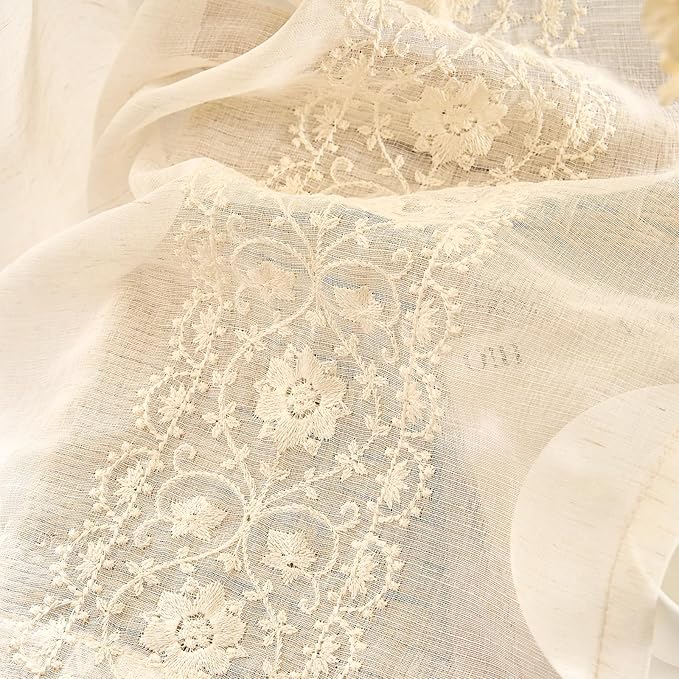jinchan Weslie Beige Floral Sheer Curtains for Bedroom 63 Inch Long Embroidered Voile Farmhouse Linen Curtains for Living Room Ivory Flower Patterned Cottage Core Window Drapes 2 Panels Ivory on Beige