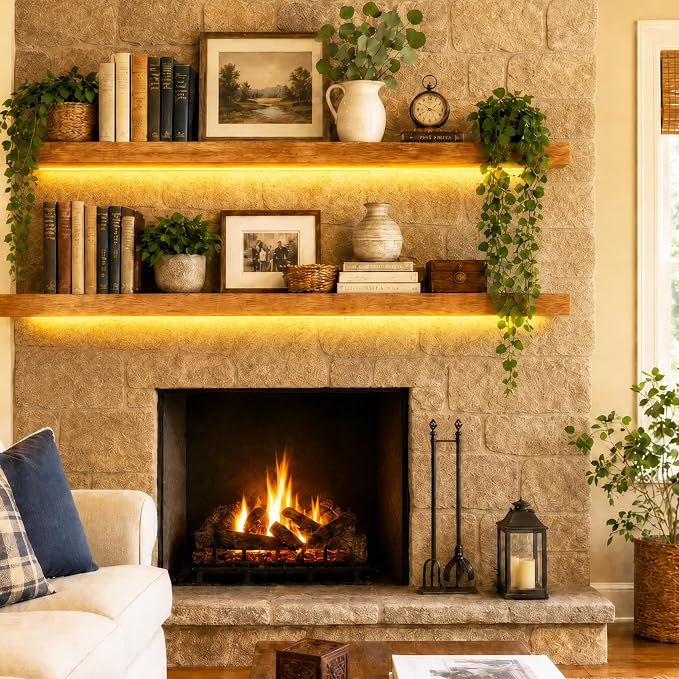 ROGMARS 48 Inches Long Walnut Floating Shelves with Led Light | Rustic Solid Wood Farmhouse Wall Shelves with Invisible Brackets for Bedroom, Living Room, Kitchen, Bathroom Set of 2