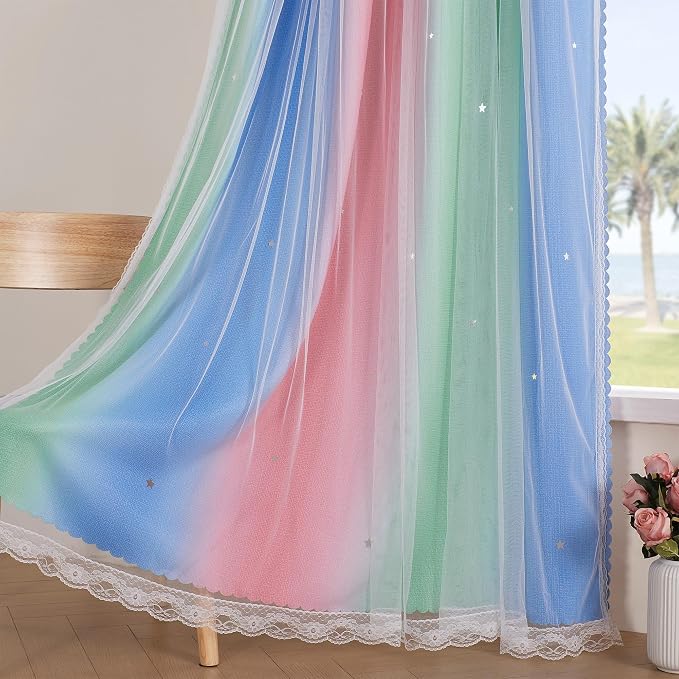 XiDi Curtains for Bedroom Decor, Rainbow Pink GreenBlue52/90/1