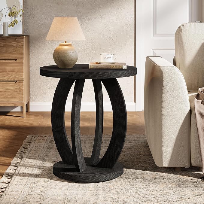 Tribesigns Round End Table, Rustic Side Table with Storage | Nightstand Bedside with Round Tabletop; Accent End Table for Living Room, Bedroom, Small Space