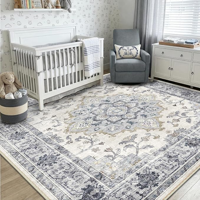 CAPALOCA Machine Washable Rugs Nursery Rug 8x10 Cute Girl Non Slip Low Pile Water Repellent Soft Print Pattern for Bedroom Indoor Decor Kids Playroom Blue White