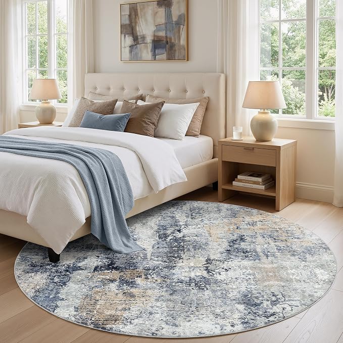 WITSHOCK Area Rugs 6ft Round Living Room Rug - Washable Neutral Soft Low Pile Non-Slip Modern Abstract Thin Large Indoor Carpet for Bedroom Dining Room Nursery Office - Dark Blue Brown
