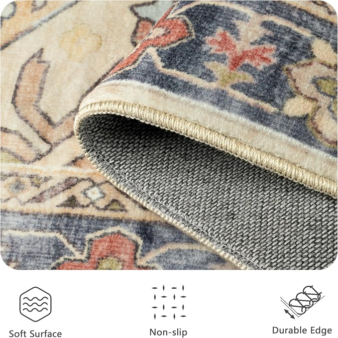 8x10 Area Rugs, Vintage Retro Soft Washable Rug, Non-Slip Low Pile Rugs for Living Room, Bedroom, Dining Room, Stain Resistant Home Decor Rug (Vintage Ivory/Multi)