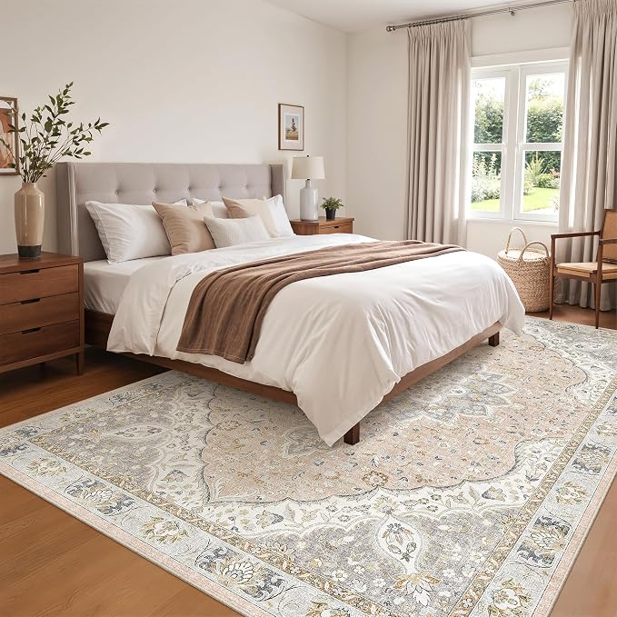 befbee 6x9 Area Rugs for Living Room - Stain Resistant Machine Washable Rugs for Bedroom,Non-Slip Backing Large Area Rug (Peach/Gray, 6'x9')