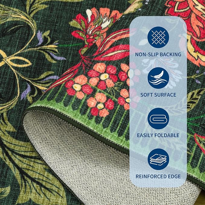 GarveeHome Forest Green Floral Christmas Washable Rugs 5x7 Area Rug for Living Room, Vintage Boho Cottage Throw Rugs Low Pile Carpet for Bedroom Dining Nursery Rug