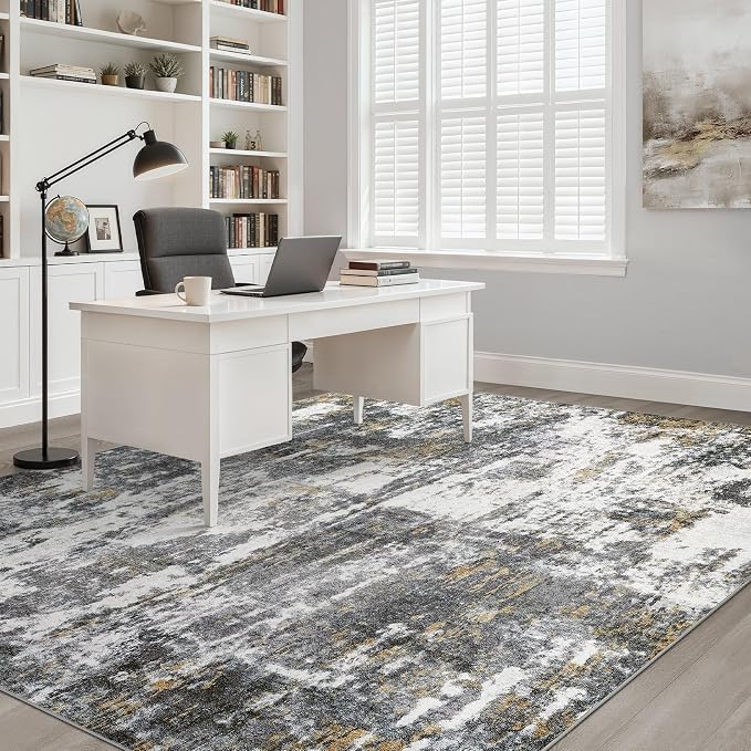 7x9 Area Rug Living Room: Washable Large Neutral Rug Abstract Soft Modern Stain Resistant Indoor Floor Non-Slip Carpet for Bedroom Nursery Kids Office Playroom Dining Room- Black White Gold