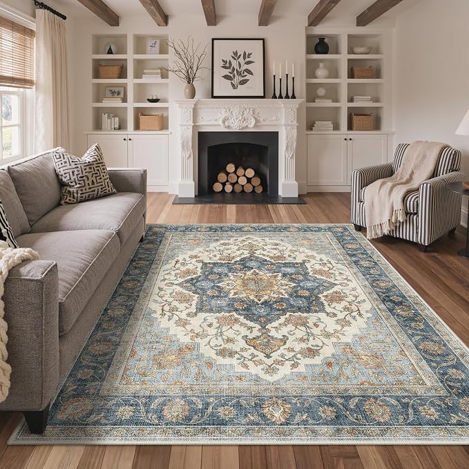 GENIMO 8x10 Area Rugs for Living Room, Machine Washable Non Slip Rugs, Low Pile Lightweight Print Rug for Bedroom, Dining Room, Home Office, Vintage Blue Medallion