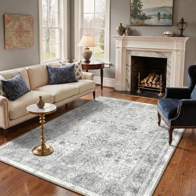 Bavni 2x3 Doormat, Machine Washable Runner Rug Non Slip, Vintage Floral Print Style Rugs for Entrance-Lightweight Low Pile Carpet for Hallways Kitchen and Corridor, Grey
