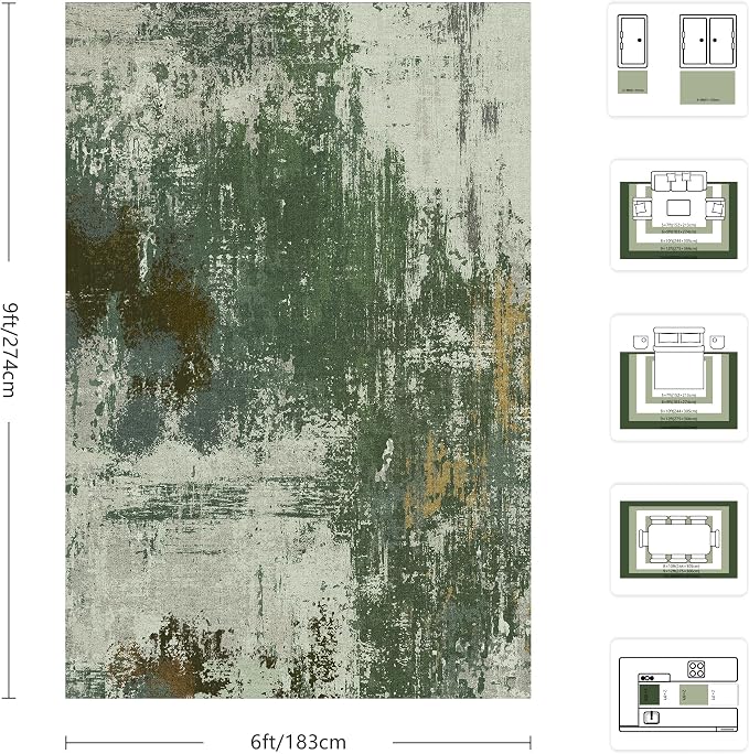 6x9 Area Rugs - Modern Abstract Washable Rug, Ultra Soft Non Slip Low Pile Large Rugs for Living Room, Floor Carpet for Bedroom Dining Room Office Laundry Nursery Home(Green)