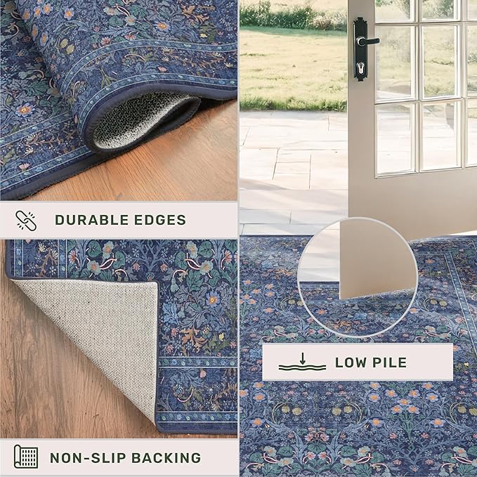 Dark Blue 2'6" x 10' Long Runner Rugs for Hallway, Oriental Floral Washable Non Slip Rug for Kitchen, Entryway Stain Resistant - Vintage Navy Blue Geometric Floral Décor