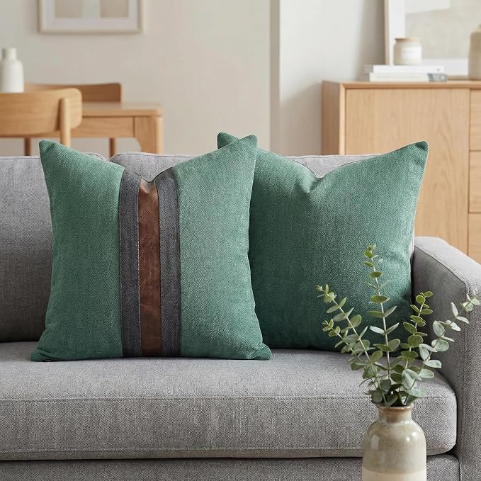 Set of 2 Leather Throw Pillow Covers Cotton Linen Decor Patchwork Pillow Cover Faux Leather Pillows Cover for Couch Sofa Living Room Bedroom,Grass Green 20"x20"