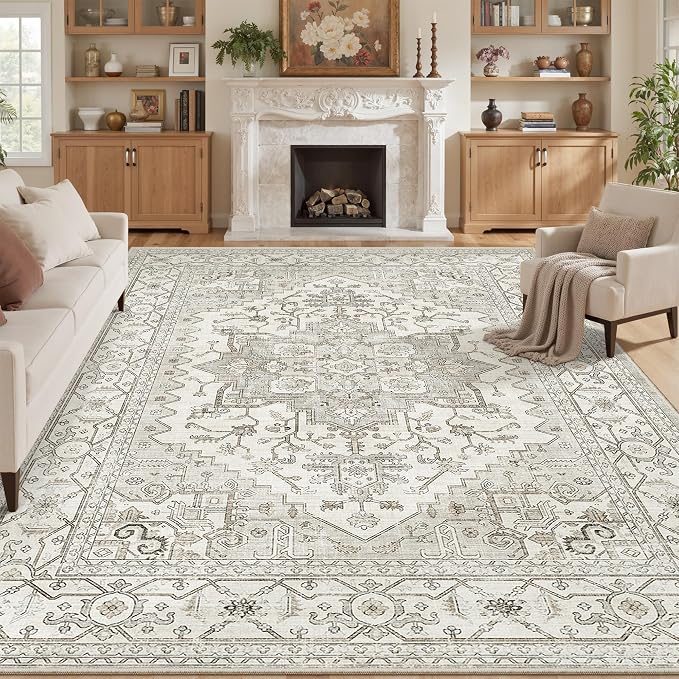befbee 8x10 Area Rugs for Living Room, Stain Resistant Neutral Washable Rugs for Dining Room, Vintage Non-Slip Thin Large Size Beige Area Rug, Printed Vintage Home Decor Rug（Beige）