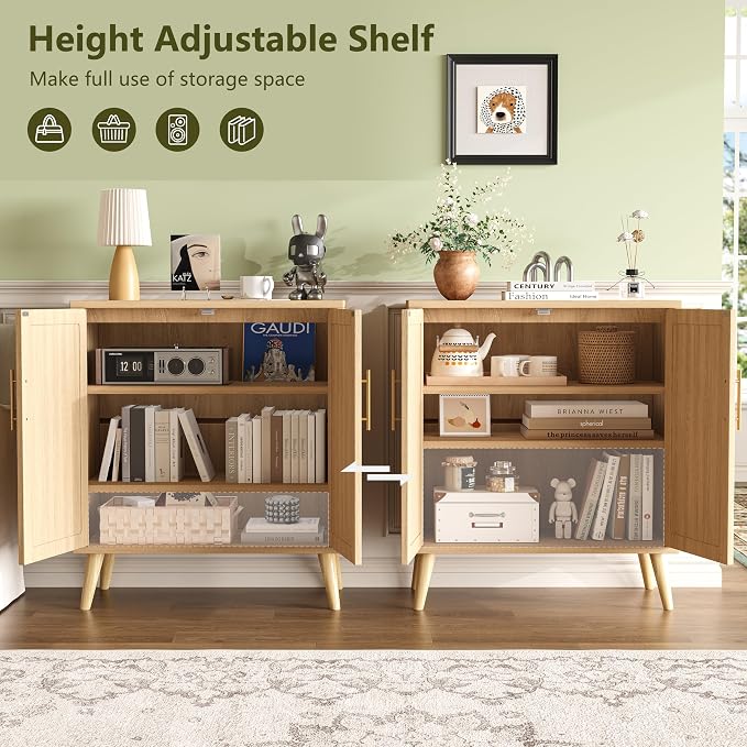 Set of 2 Rattan Buffet Cabinet with Storage, 59 Inch Sideboard with Adjustable Shelf and Solid Wood Legs, Floor Storage Cabinet with 4 Doors, Coffee Bar for Kitchen, Living Room, Hallway, Natural