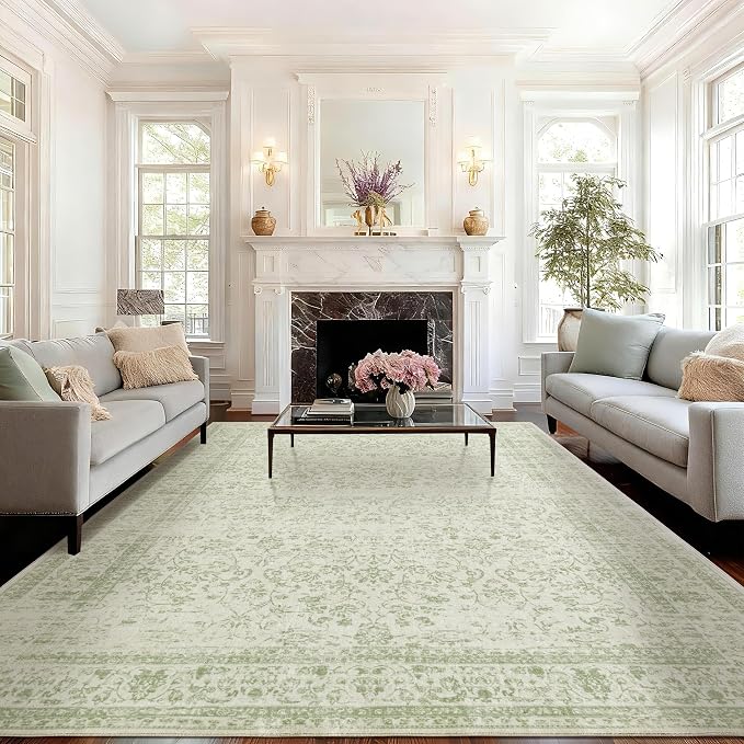 Sage Green Area Rugs 9x12 Living Room No Slip Stain Resistant Large Area Rug for Bedroom Low Pile Soft Boho Distressed Style Light Green Rug 9 x 12 Washable Carpet for Dining Room Playroom