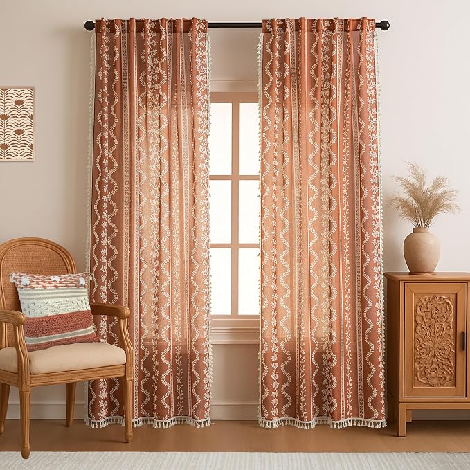 Boho Tapestry Curtains for Windows - 90 Inch Long Vintage Floral Printed Hippie Bohemian Drapes, Vine Patterned Semi Sheer Linen Panels for Living Room Bedroom