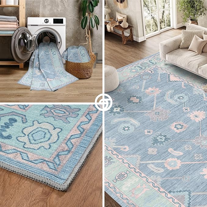 Teal Blue Oushak Large Area Rug 8x10 - Washable Boho Rug Vintage Turkish Non-Slip Carpet Non-Shedding Extra Large Area Rugs for Living Room, Dining, Bedroom, Lounge, Farmhouse