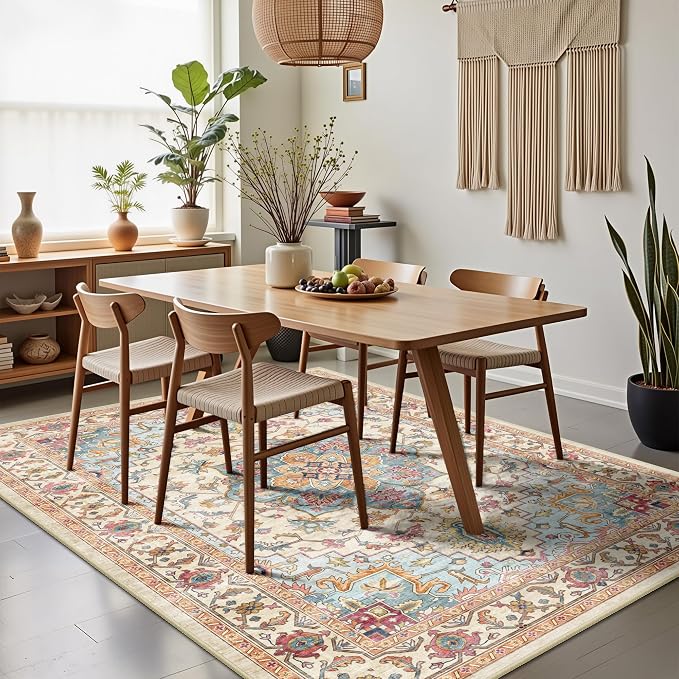 5x7 Area Rugs - Washable Rug Vintage Distress Boho Medallion Rugs for Living Room, Soft Non-Slip Backing Low Pile Carpet for Bedroom Dining Room Office Nursery Dorm Home, Vintage Orange