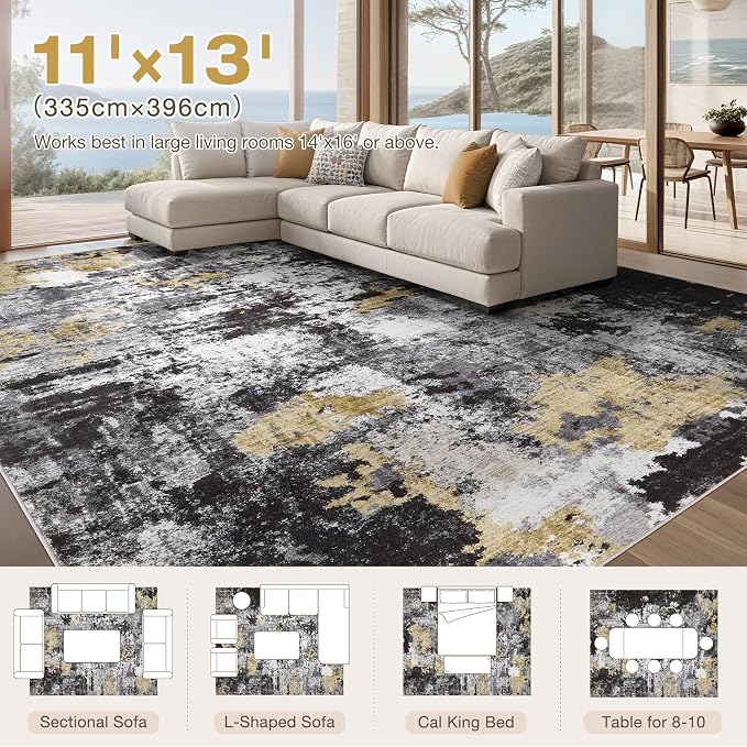 Abstract 11x13 Area Rug: Machine Washable Non Slip Ultra Thin Low-Pile Carpet, Soft Stain Resistant for Living Dining Room Bedroom, Kid Pet Friendly, Robot Vacuum Compatible - Black Gold
