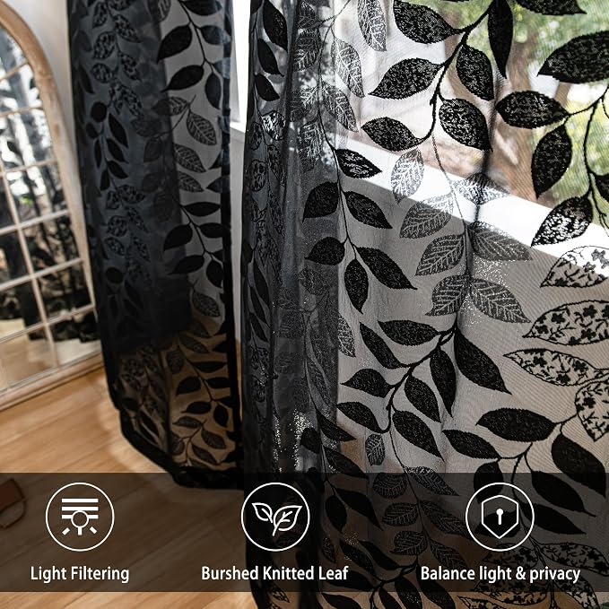 Treatmentex Black Lace Sheer Curtains for Bedroom Living Room 95 Inch Length Light Filtering Leaf Knitted Semi Sheer Window Curtains Elegant French Lace Curtains 54" w Pocket 8ft
