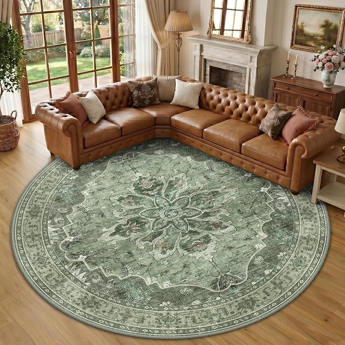 RELEANY Area Rugs Round 10ft Washable Non-Slip, Floral Vintage Distress Medallion Carpet for Living Room Bedroom Dining Room, Dark Green Gray