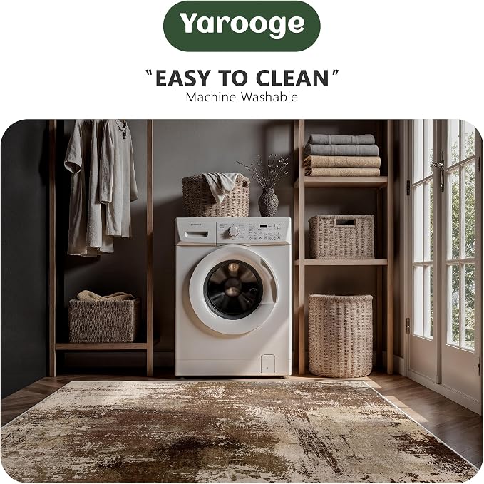 9x12 Area Rugs - Modern Abstract Washable Rug, Ultra Soft Non Slip Low Pile Large Brown Rugs for Living Room, Floor Carpet for Bedroom Dining Room Office Laundry Nursery Home