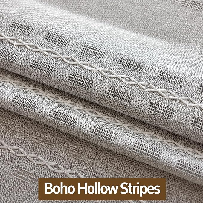 Light Gray Boho Sheer Curtains 72 inches Long 2 Panels for Bedroom, Light filtering Semi Sheer Bohemian French Country Privacy Tassels Vintage Chic Embroidery Stripes Window Curtains Back Tab, 50" W