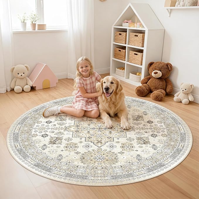 zesthome Washable Round Rug - 5ft Ultra-Thin Circle Area Rugs, Vintage Non-Slip Low Pile Rug for Living Room, Stain Resistant Rug for Bedroom, Entryway, Kitchen, Nursery