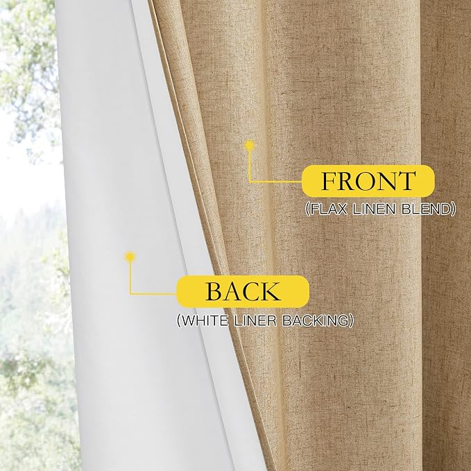 NICETOWN 100% Absolutely Blackout Linen Curtains with Thermal Insulated White Liner, Camel, W52 x L120, 2 Panels, Textured Linen Look Noise Reducing Window Treatments Drapes for Bedroom/Living Room