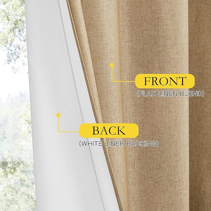 NICETOWN 100% Blackout Linen Curtains for Living Room with Thermal Insulated White Liner, Camel, 52" Wide, 2 Panels, 84" Long Drapes, Back Tab Retro Linen Curtains Vertical Drapes Privacy for Bedroom