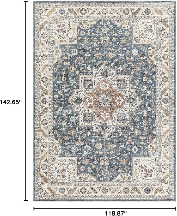 Vintage Living Room Area Rug 10x12 - Large Soft Washable Oriental Traditional Distressed Farmhouse Rugs for Bedroom - Indoor Floor Accent Carpet for Home Office House Decor - Vintage Blue