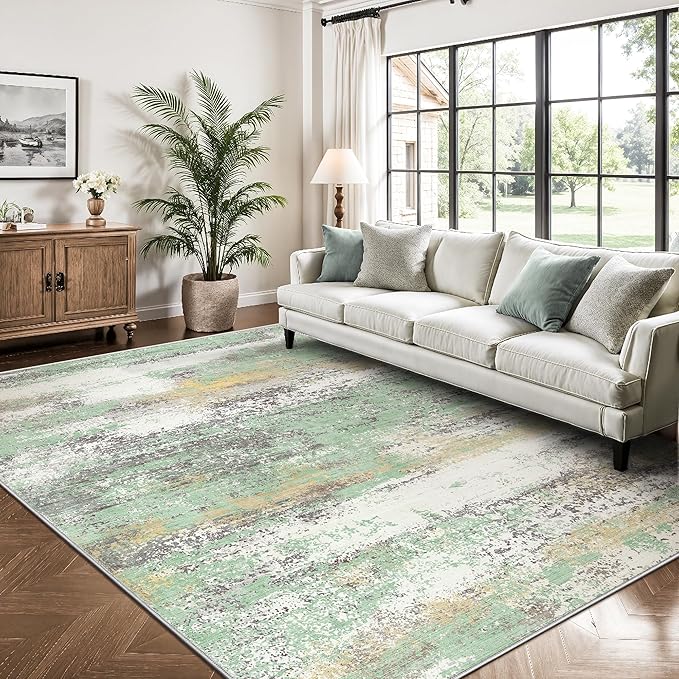 5x7 Area Rugs, Abstract Modern Ultra Soft Washable Rug, Non Slip Carpet with Rubber Back Stain Resistance Rugs for Living Room, Bedroom, Dining Room Decor(Light Green/Cream)