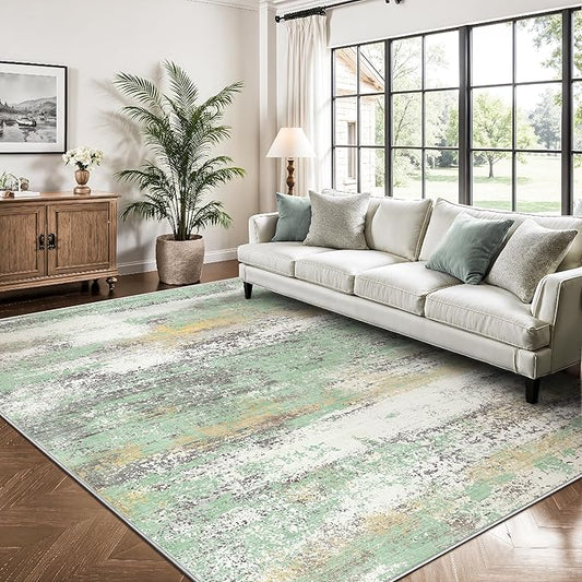 5x7 Area Rugs, Abstract Modern Ultra Soft Washable Rug, Non Slip Carpet with Rubber Back Stain Resistance Rugs for Living Room, Bedroom, Dining Room Decor(Light Green/Cream)