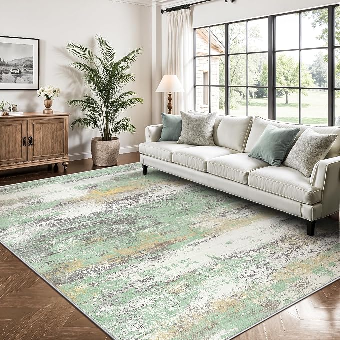 6x9 Area Rugs, Abstract Modern Ultra Soft Washable Rug, Non Slip Carpet with Rubber Back Stain Resistance Rugs for Living Room, Bedroom, Dining Room Decor(Light Green/Cream)