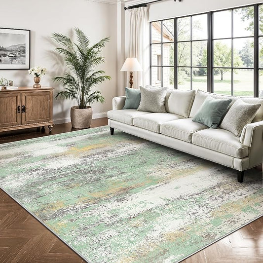 6x9 Area Rugs, Abstract Modern Ultra Soft Washable Rug, Non Slip Carpet with Rubber Back Stain Resistance Rugs for Living Room, Bedroom, Dining Room Decor(Light Green/Cream)