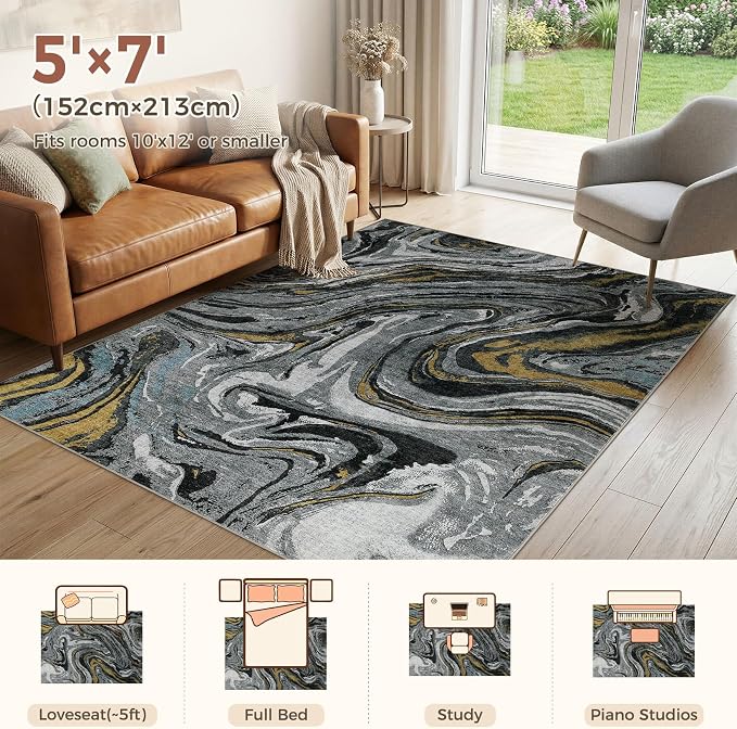 DMOYEST 5x7 Area Rug for Living Room - Washable Neutral Modern Abstract Rugs Soft Non-Slip Carpet Low Pile Indoor Floor Mat for Bedroom & Dining Room Decor for Families with Kids and Pet-Black Golden