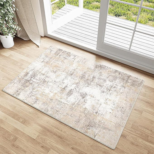 2x3 Washable Area Rug Beige Grey Abstract Non Slip Soft Low Pile Small Rug for Entryway Kitchen Bathroom Neutral Modern Throw Carpet for Living Room Bedroom Home Decor