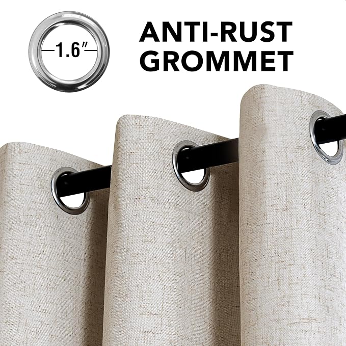 H.VERSAILTEX Linen Curtains 100% Blackout Curtains for Bedroom 96 inch Long Full Light Blocking Nature Linen Blended Window Curtains for Living Room Nickel Grommet (2 Panels, Heathered Linen)