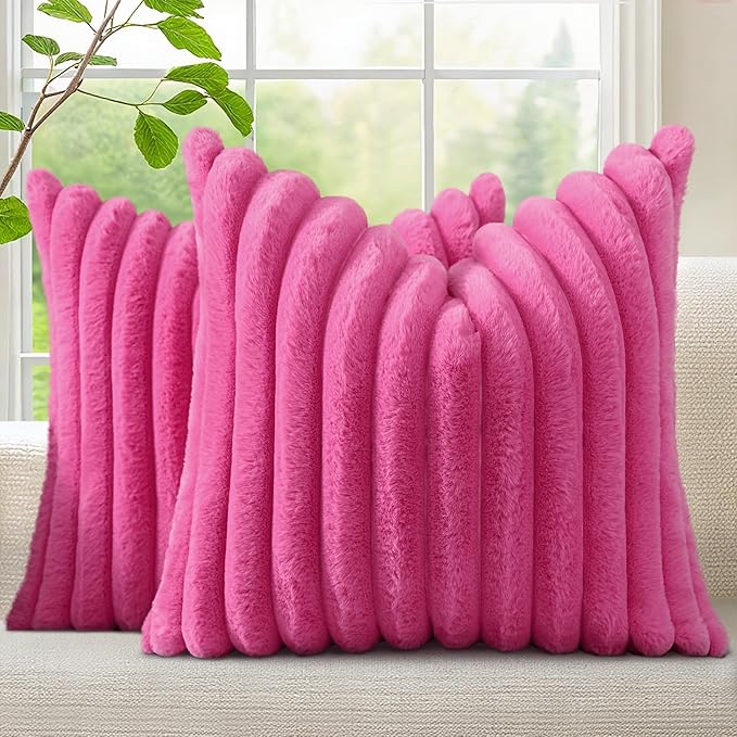 decorUhome Fall Cozy Faux Fur Throw Pillow Covers 26x26 Set of 2 Decorative Soft Plush Striped Modern Farmhouse Boho Couch Euro Sham Pillow Cases with Velvet Back for Sofa Bed Living Room, Hot Pink