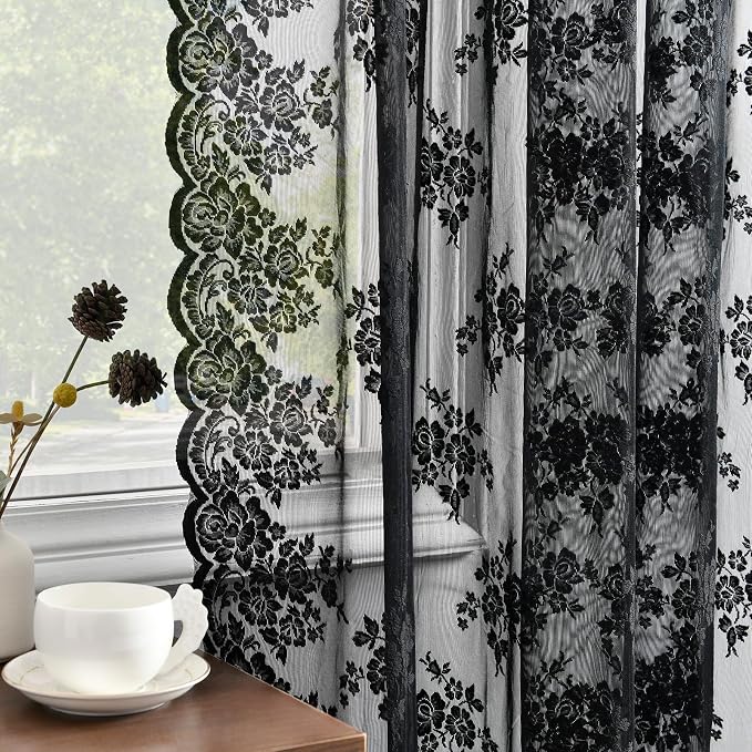 Kotile Black Lace Curtains 45 Inch Length 2 Panels, Country Rustic Floral Gothic Sheer Curtains for Kitchen Window, Rod Pocket Vintage Privacy Sheer Lace Curtain, 42 x 45 Inch Each, 1 Pair, Black
