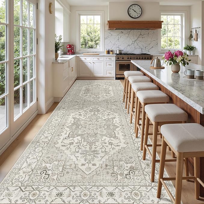 Madane 4x10 Wide Hallway Runner Rug Washable for Living Room, Beige/Brown | Soft Stain Resistant Ktichen Runners 10ft, Vintage Non Slip Low Pile Area Rugs, Thin Floor Carpet for Bathroom Dining Bedroom