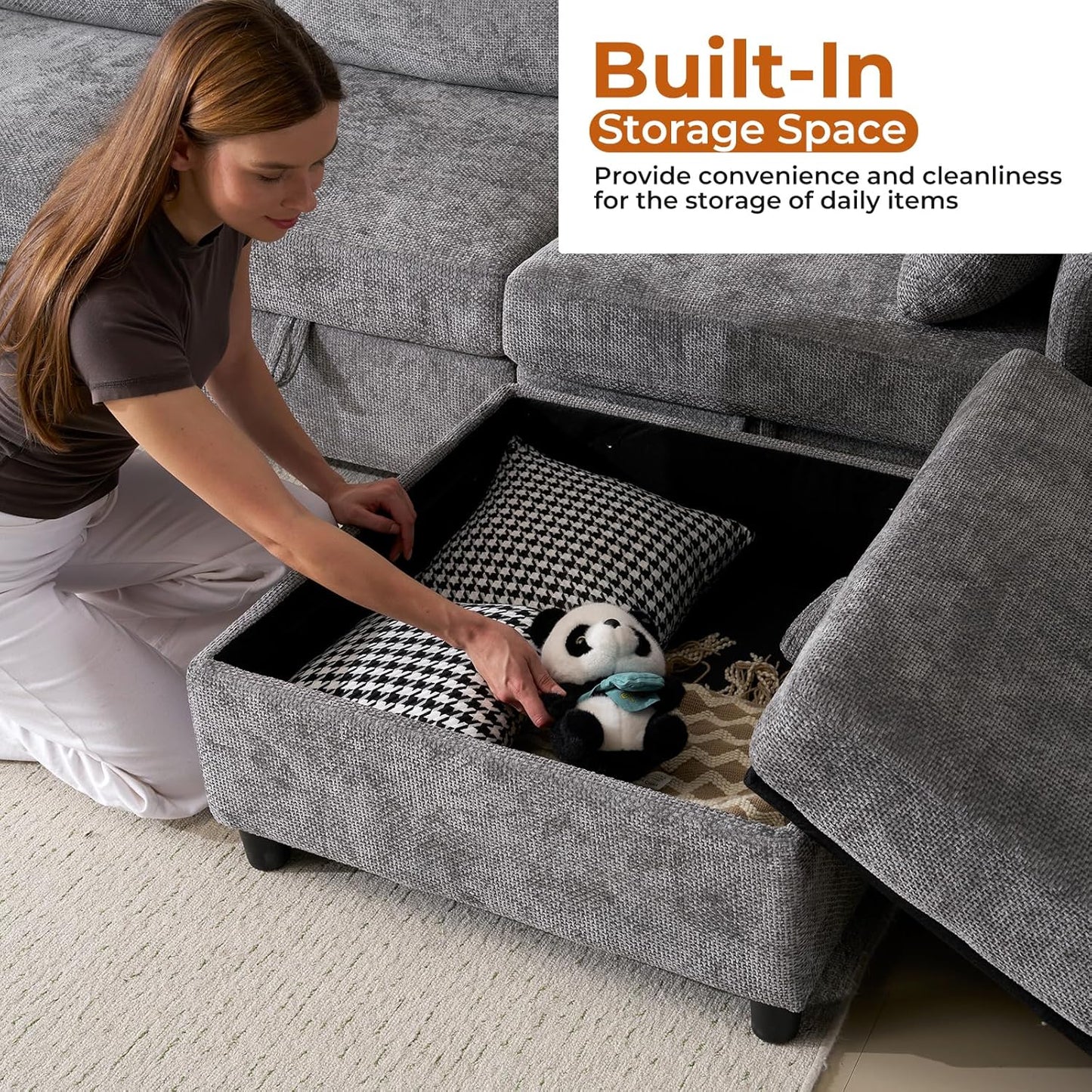 103'' Modular Sectional Sofa, L Shaped Comfy Cloud Couch with Storage,4-Seat Convertible Modern Deep Seat Sofa with Throw Pillows for Living Room, Grey